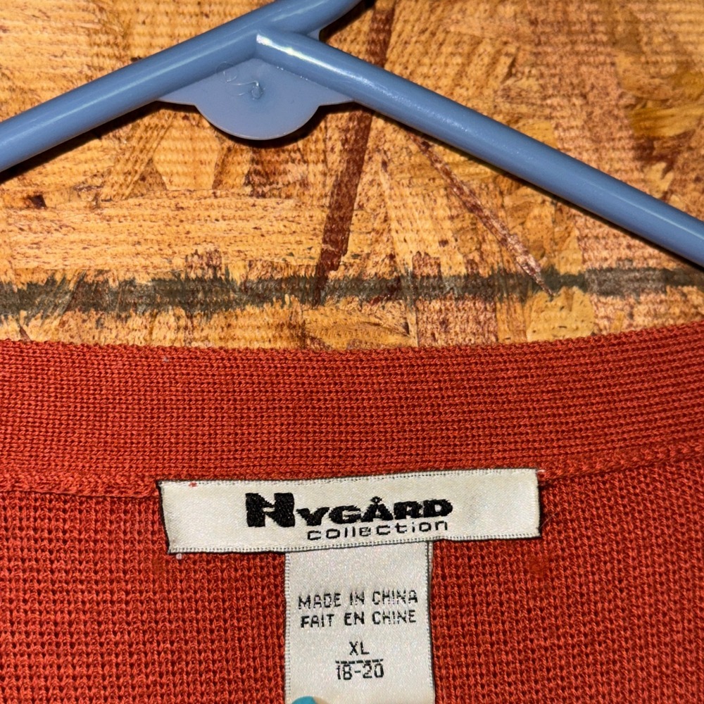 Leather Stitch Panel Cardigan Button Sweater Burnt Orange Modest Layering XL - Picture 4 of 6